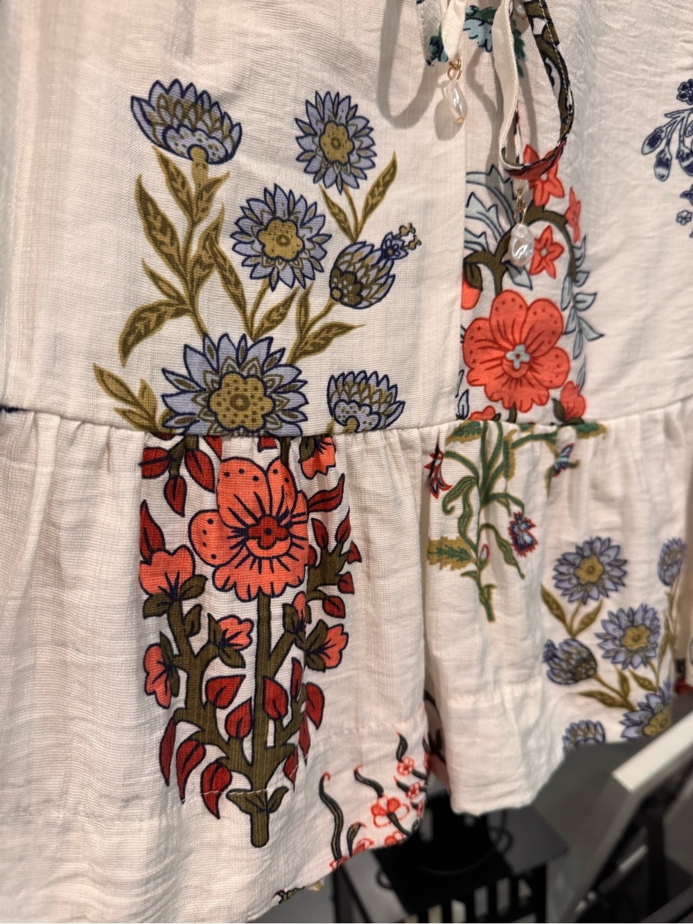 CeCe Cream Floral Tie-Neck Peasant Blouse with Coral and Blue Blooms - Picture 2 of 6
